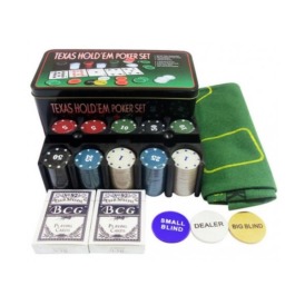 Покерный набор Texas Holdem 200 фишек с номиналом + сукно в жестяной коробке (1)